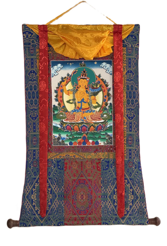 Manjushri Tibetan Thangka – Hand-Painted Buddhist Art, Silk Brocade Frame