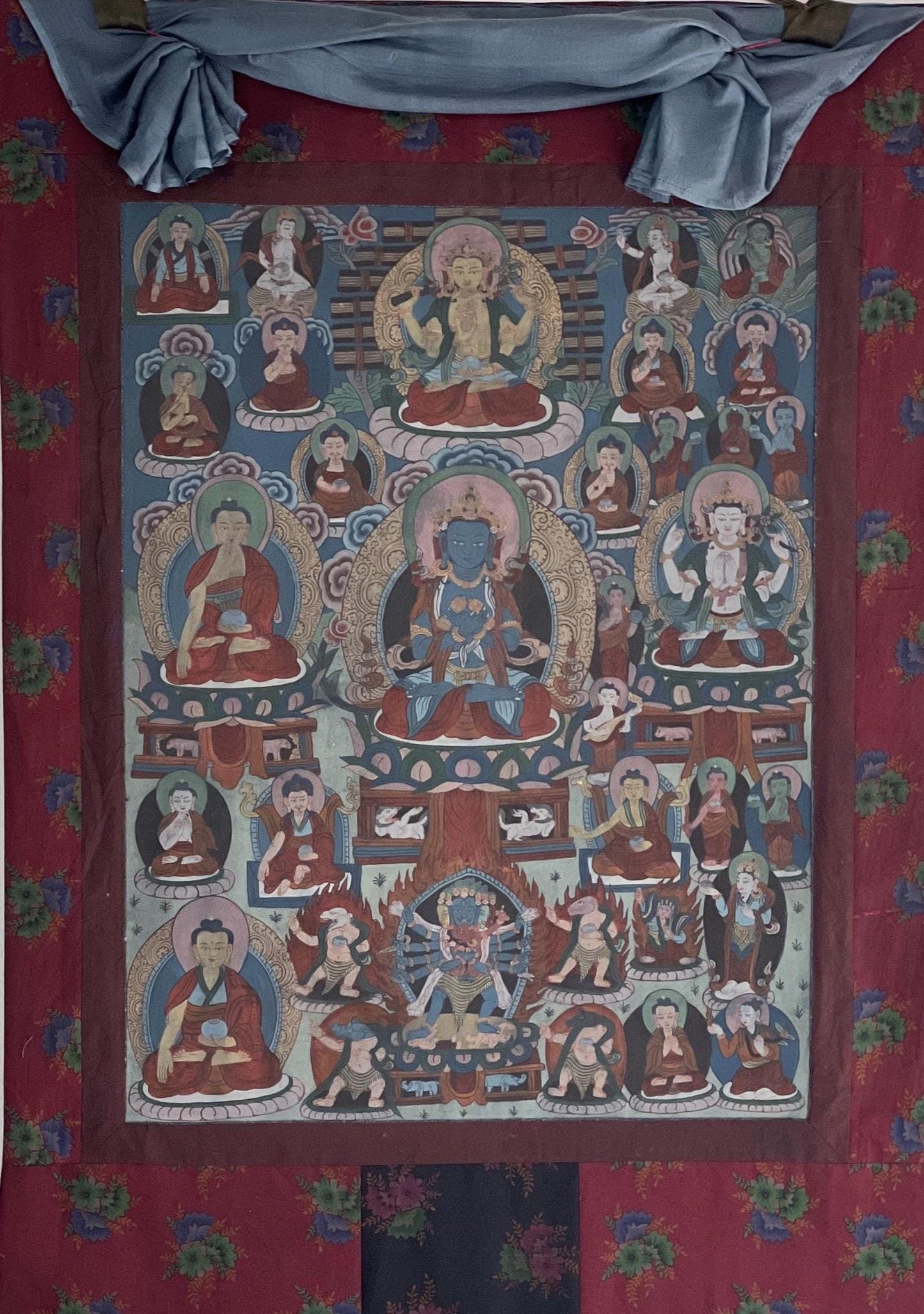 Buddha Vajradhara Kagyu Choksing Thangka | Large Vintage Tibetan Painting with Cotton Brocade