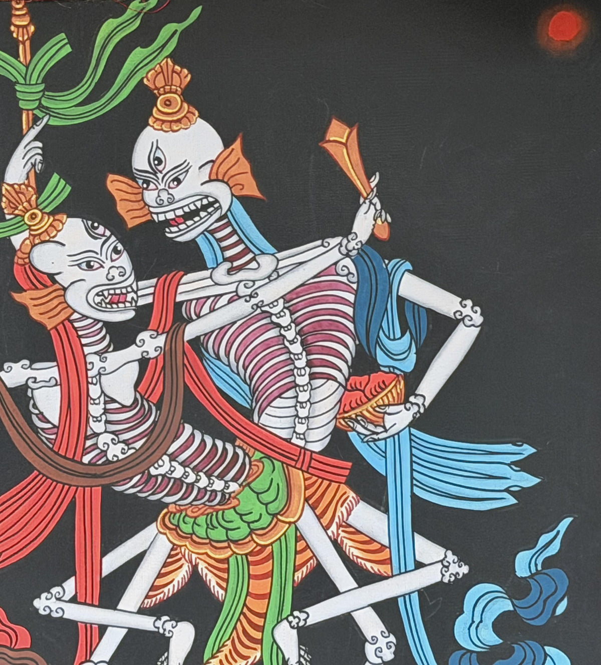 Hand-Painted Citipati Thangka: Dancing Skeleton Tibetan Buddhist Art with Silk Brocade