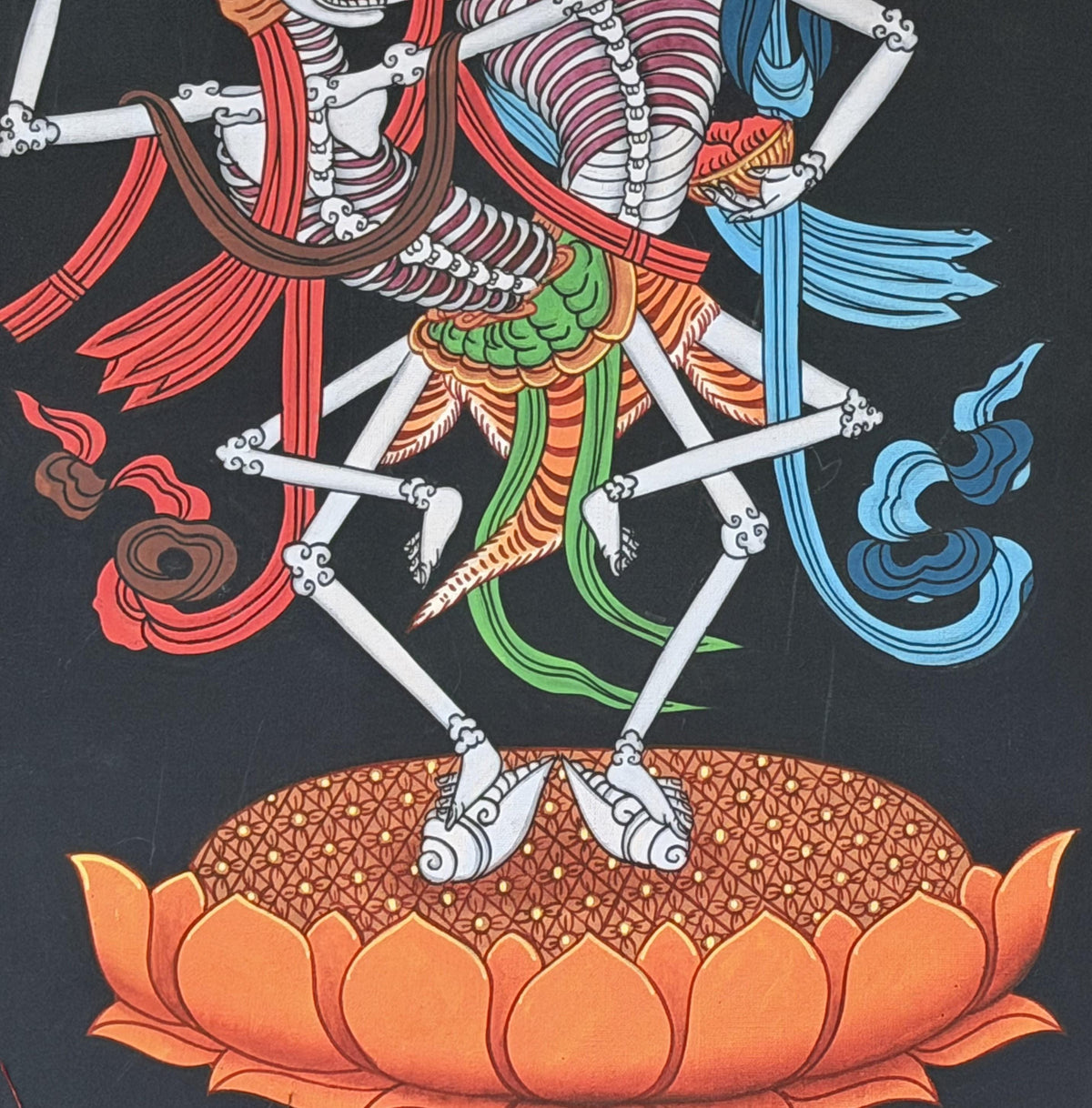Hand-Painted Citipati Thangka: Dancing Skeleton Tibetan Buddhist Art with Silk Brocade