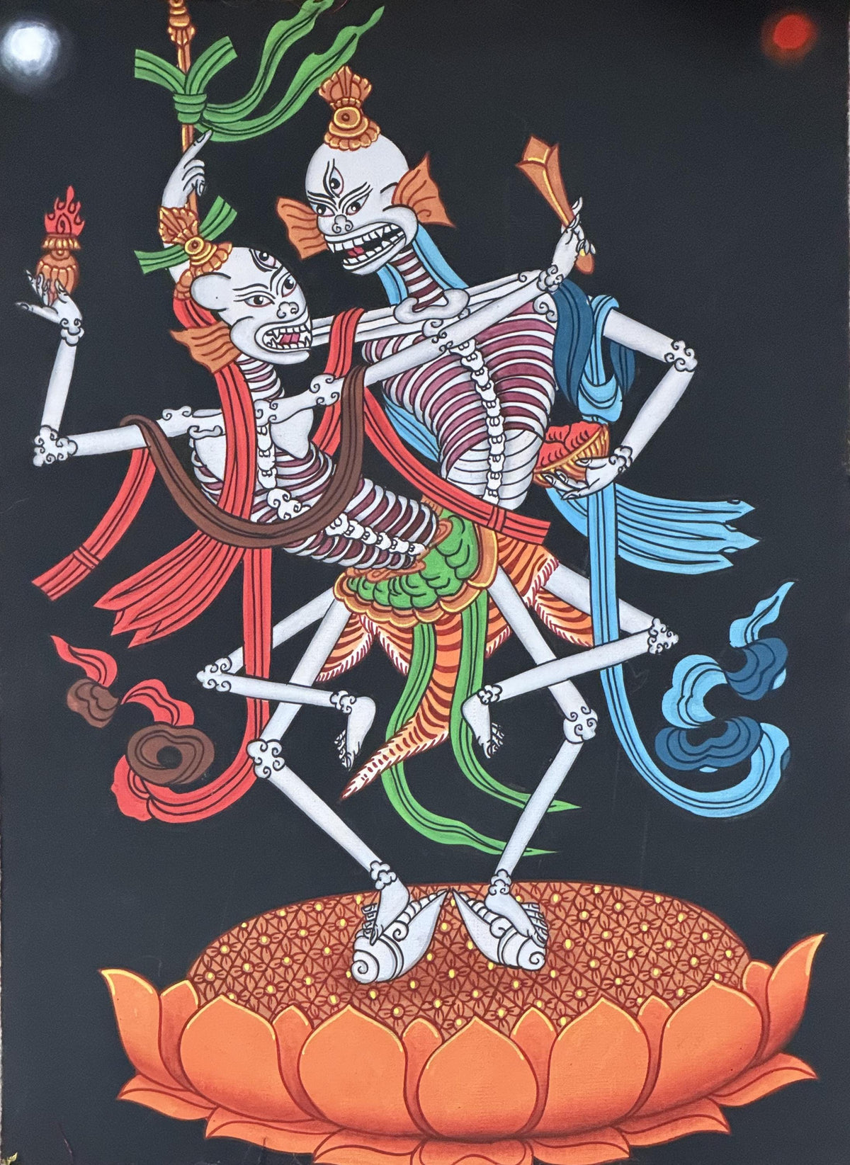 Hand-Painted Citipati Thangka: Dancing Skeleton Tibetan Buddhist Art with Silk Brocade