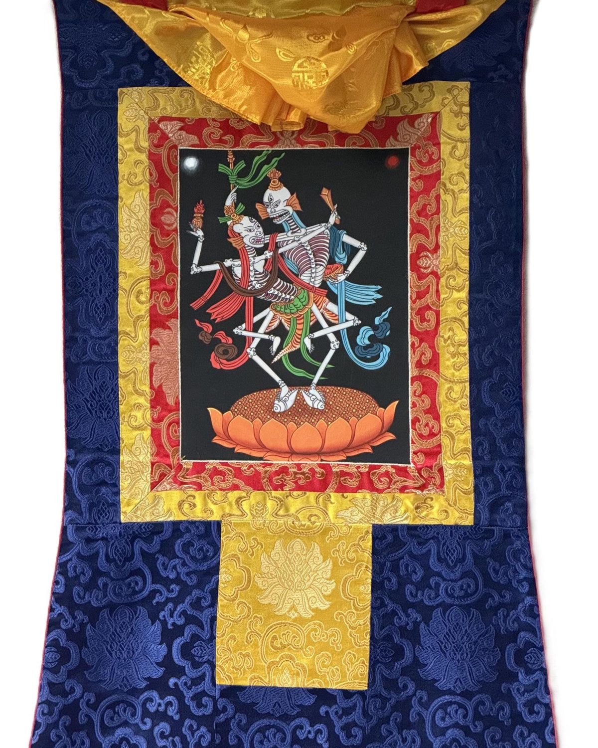 Hand-Painted Citipati Thangka: Dancing Skeleton Tibetan Buddhist Art with Silk Brocade