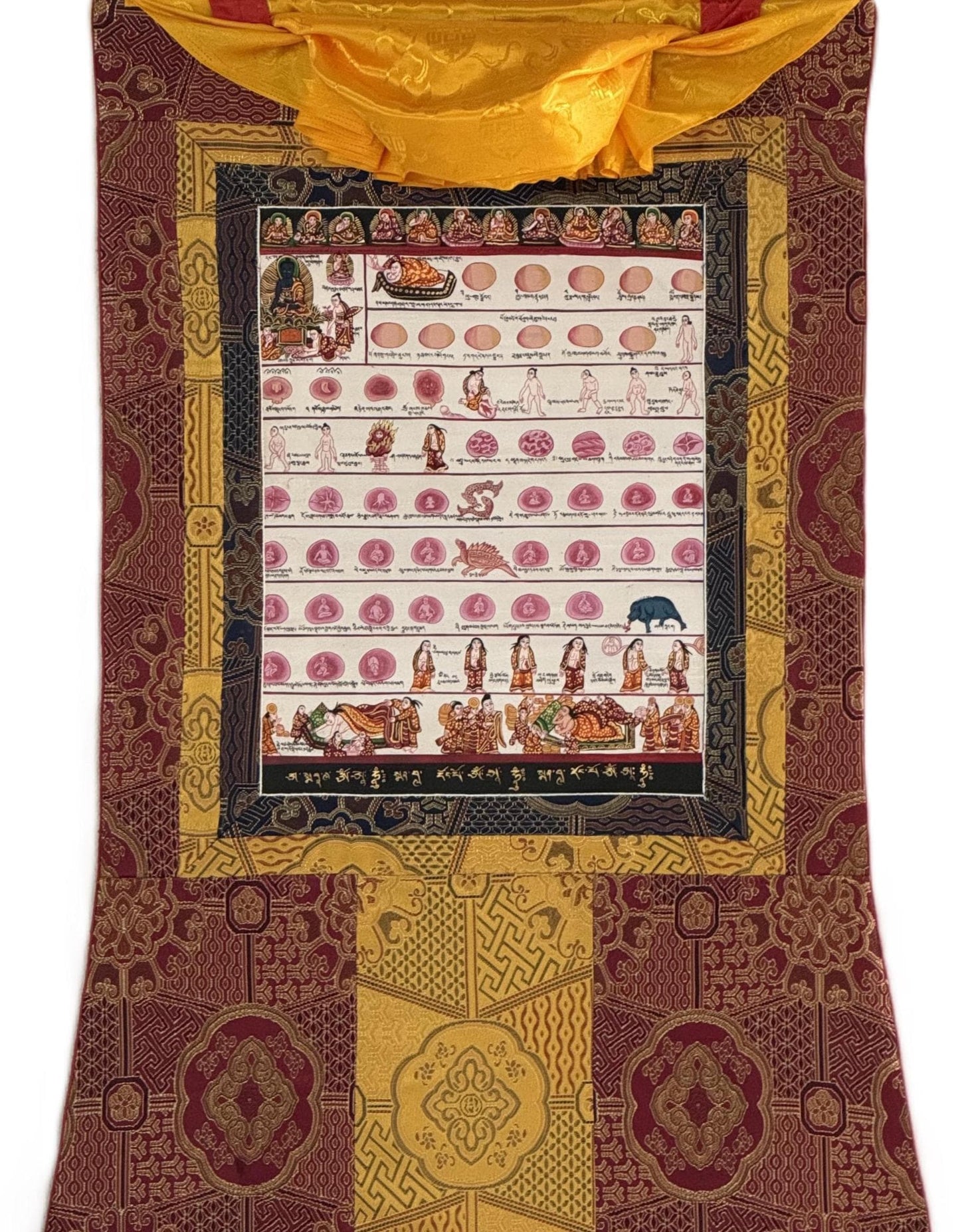 Hand-Painted Tibetan Medical Thangka | Human Embryology Art with Silk Brocade | Traditional Buddhist Medical Painting