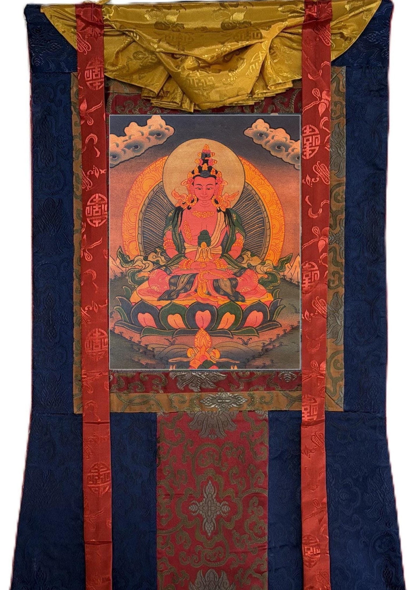 Hand-Painted Amitayus (Aparmita) Thangka | Oil Varnished Tibetan Longevity Buddha Art | Silk Brocade Framed