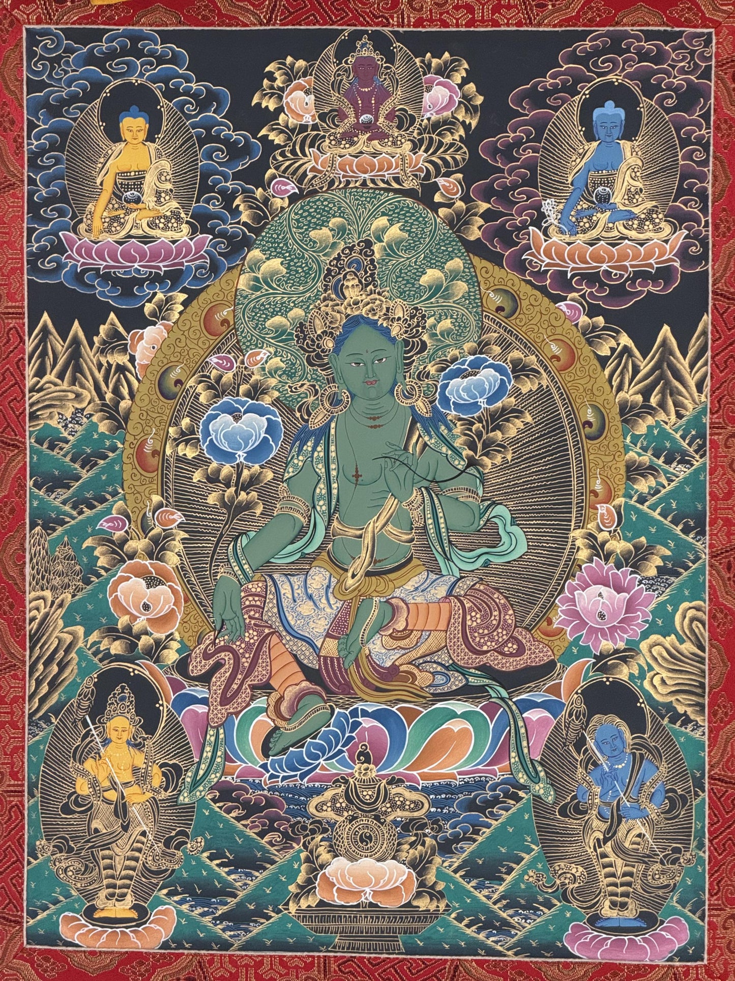 Hand-Painted Green Tara Thangka with Silk Brocade | Tibetan Goddess of Prosperity & Protection