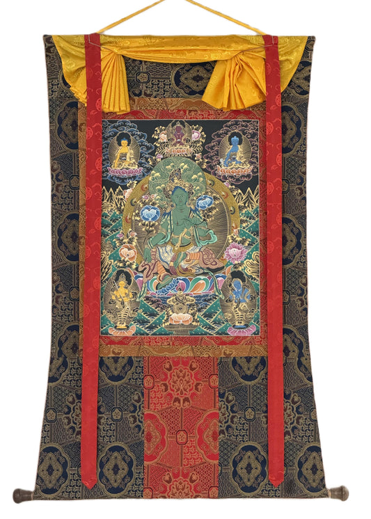 Hand-Painted Green Tara Thangka with Silk Brocade | Tibetan Goddess of Prosperity & Protection