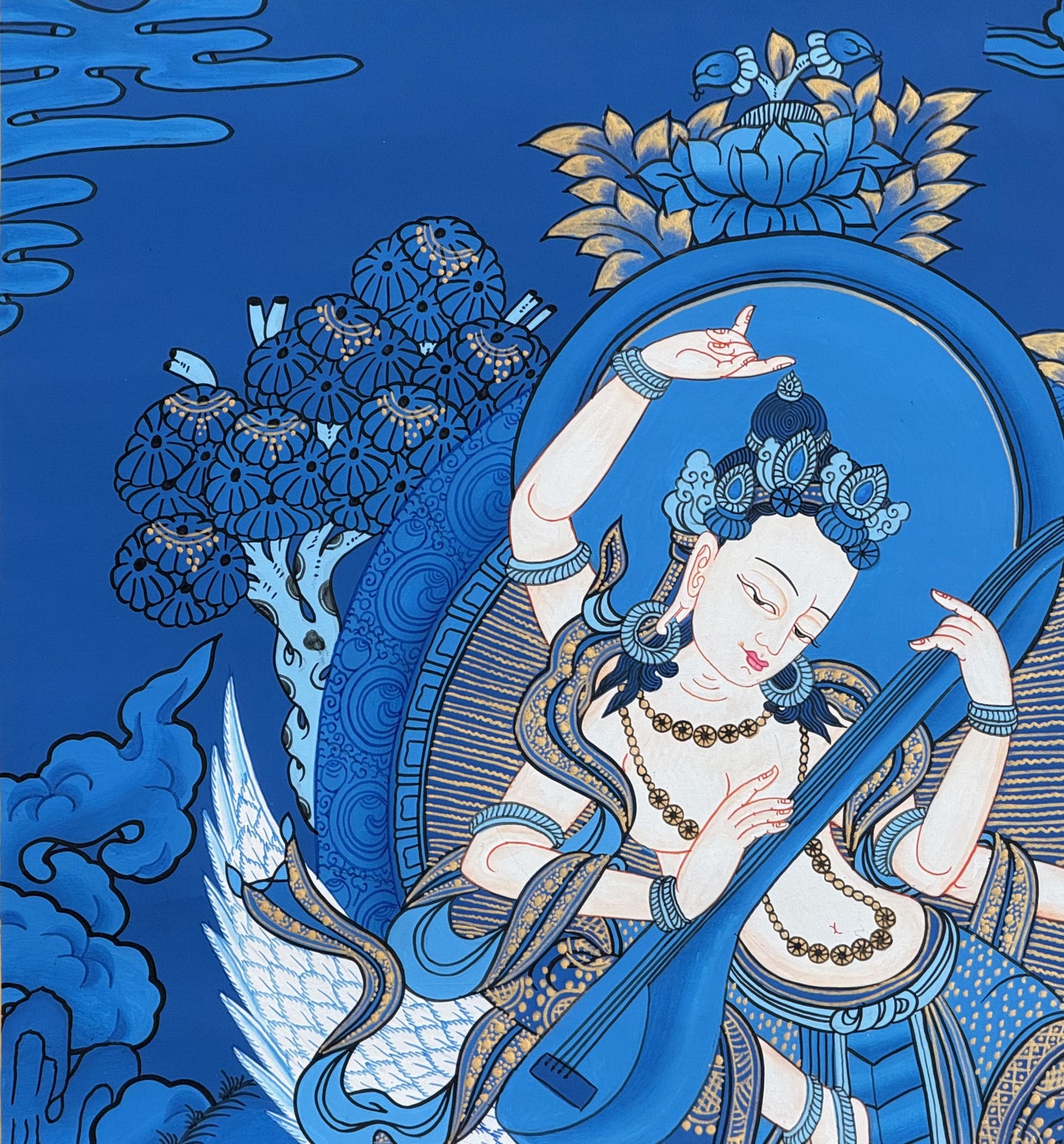 Hand-Painted Saraswati Thangka | Hindu Goddess of Learning & Music | Masterpiece Newari Style Art