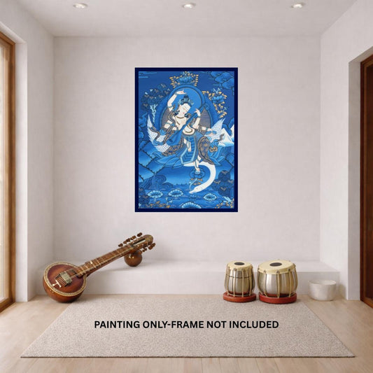 Hand-Painted Saraswati Thangka | Hindu Goddess of Learning & Music | Masterpiece Newari Style Art
