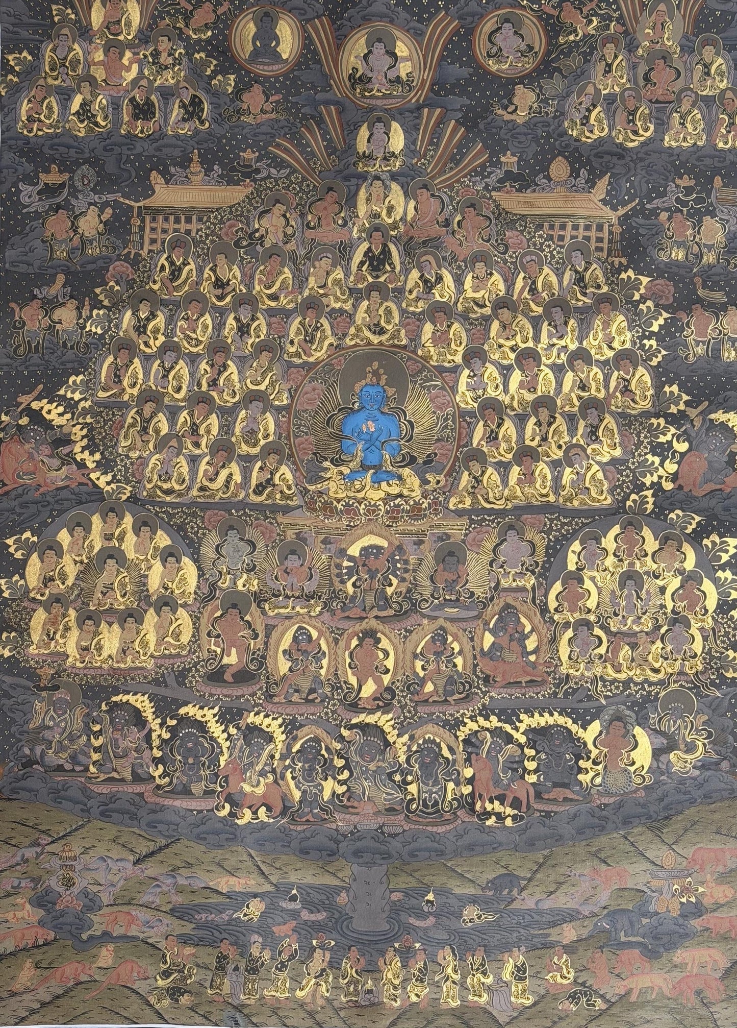 Buddha Vajradhara Kagyu Lineage Tree Thangka | Black & Gold Tibetan Masterpiece | Old Hand-Painted Art