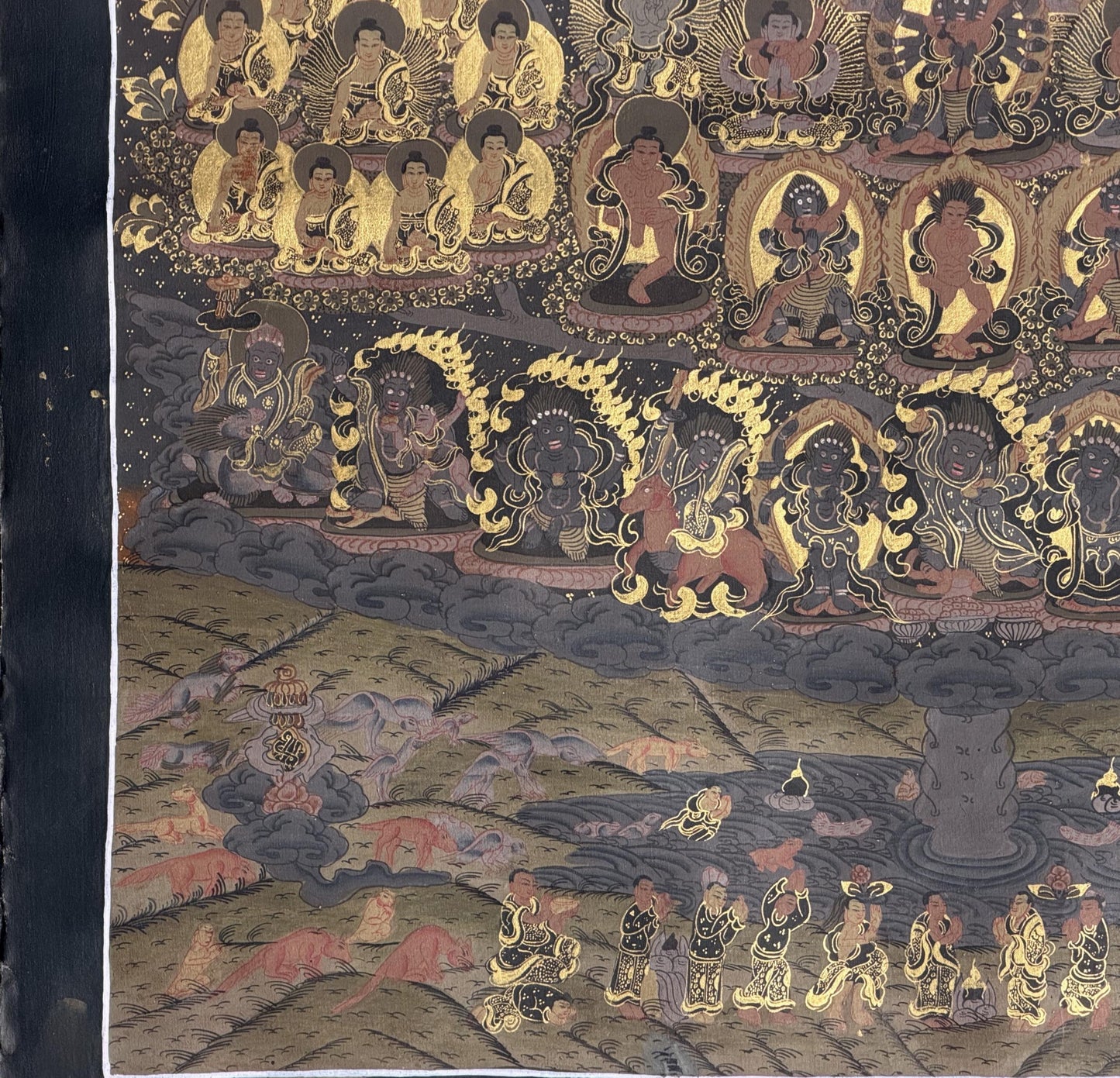 Buddha Vajradhara Kagyu Lineage Tree Thangka | Black & Gold Tibetan Masterpiece | Old Hand-Painted Art