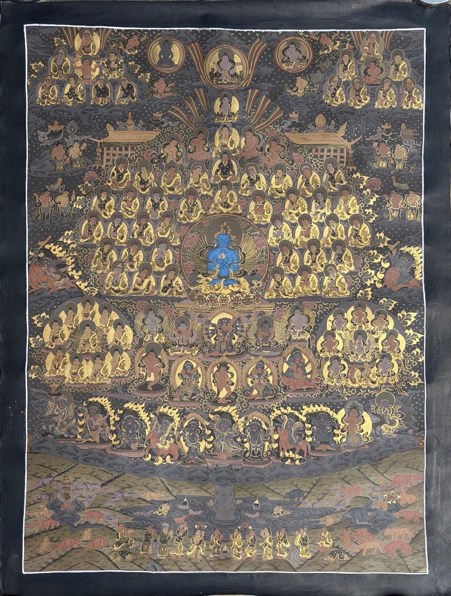 Buddha Vajradhara Kagyu Lineage Tree Thangka | Black & Gold Tibetan Masterpiece | Old Hand-Painted Art
