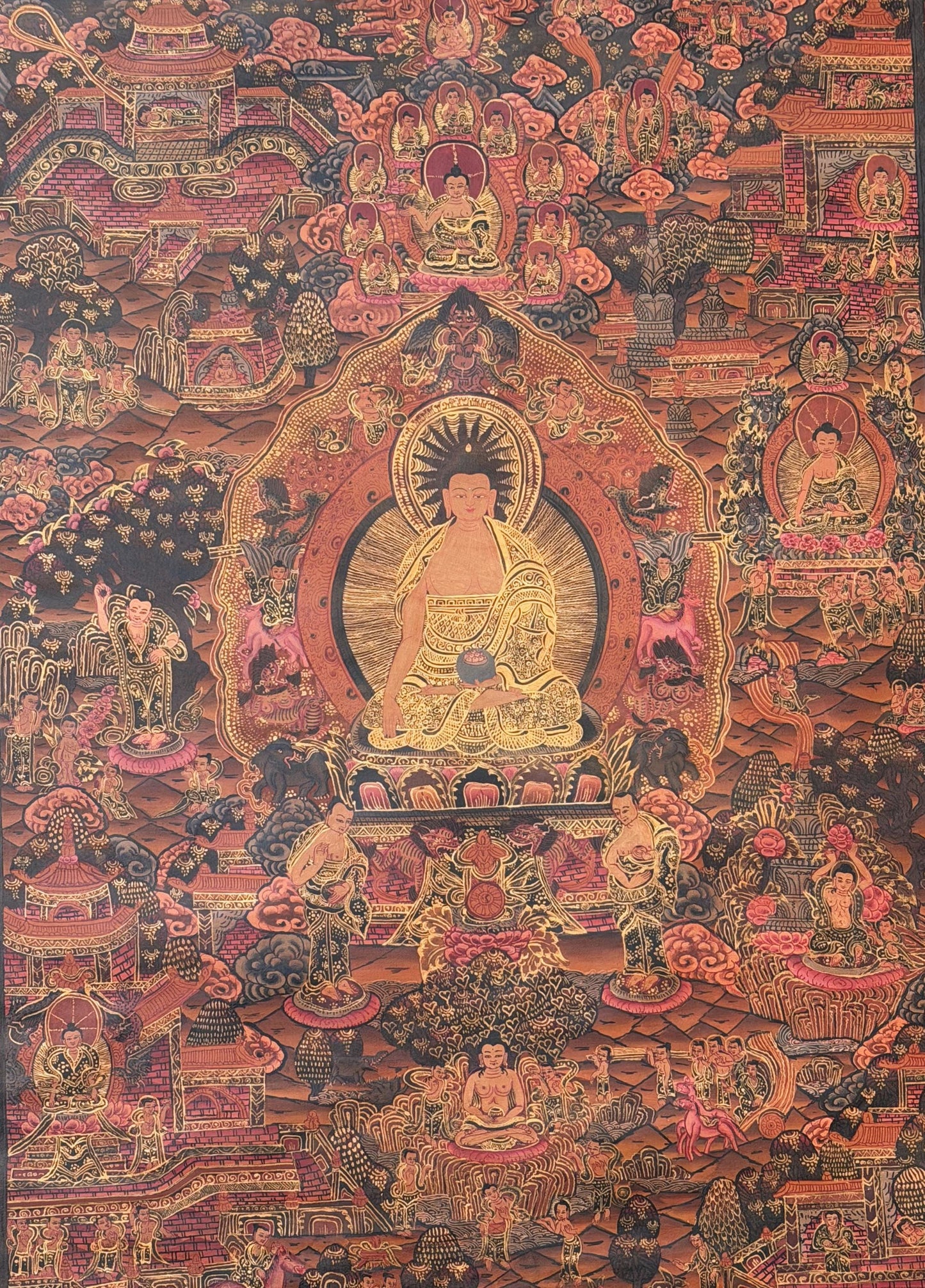 Buddha Life Story Mandala Thangka | Hand-Painted Oil Varnished Tibetan Wheel of Life Art