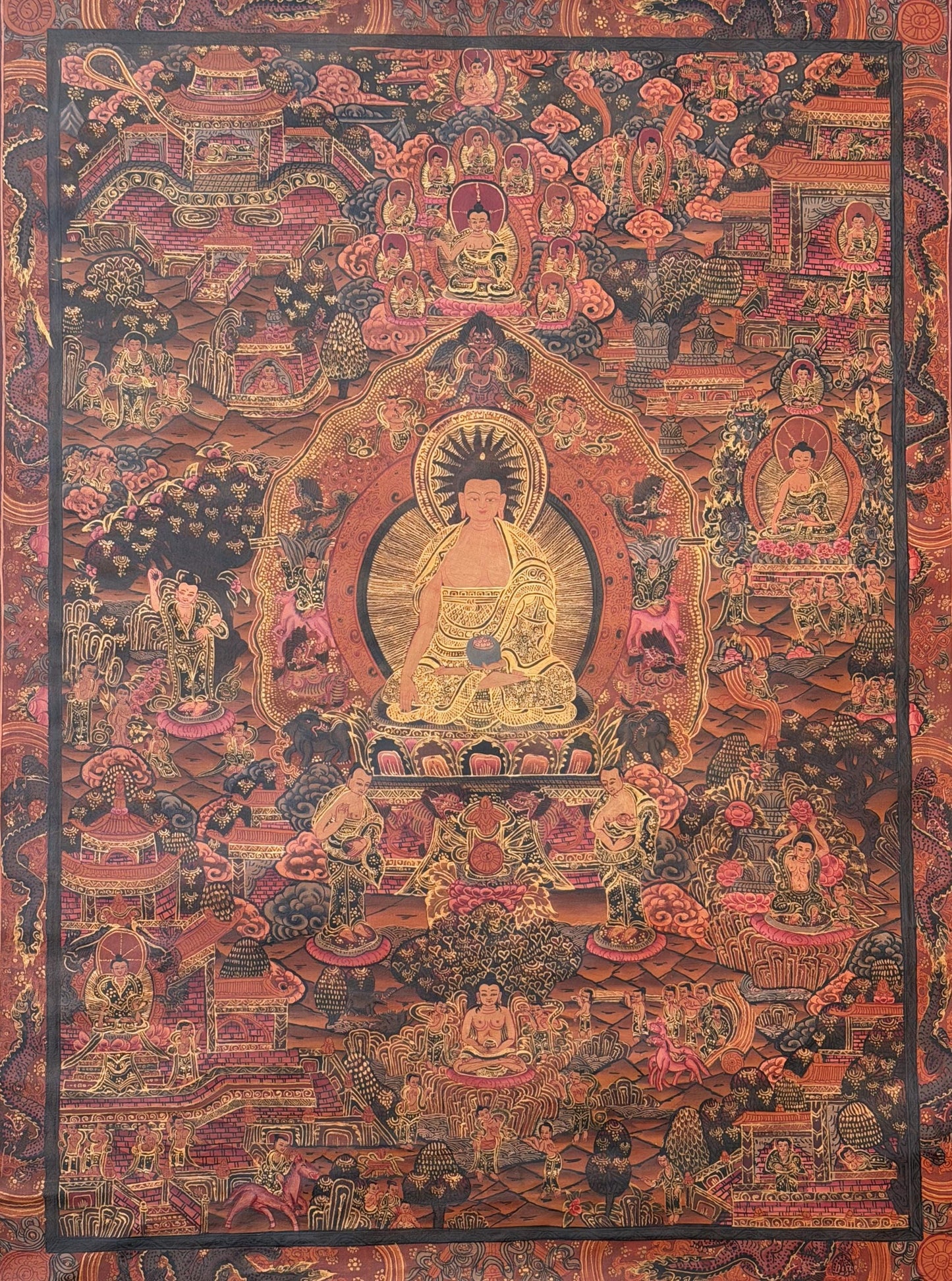 Buddha Life Story Mandala Thangka | Hand-Painted Oil Varnished Tibetan Wheel of Life Art