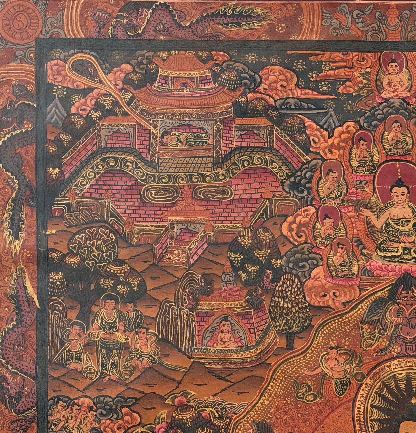 Buddha Life Story Mandala Thangka | Hand-Painted Oil Varnished Tibetan Wheel of Life Art