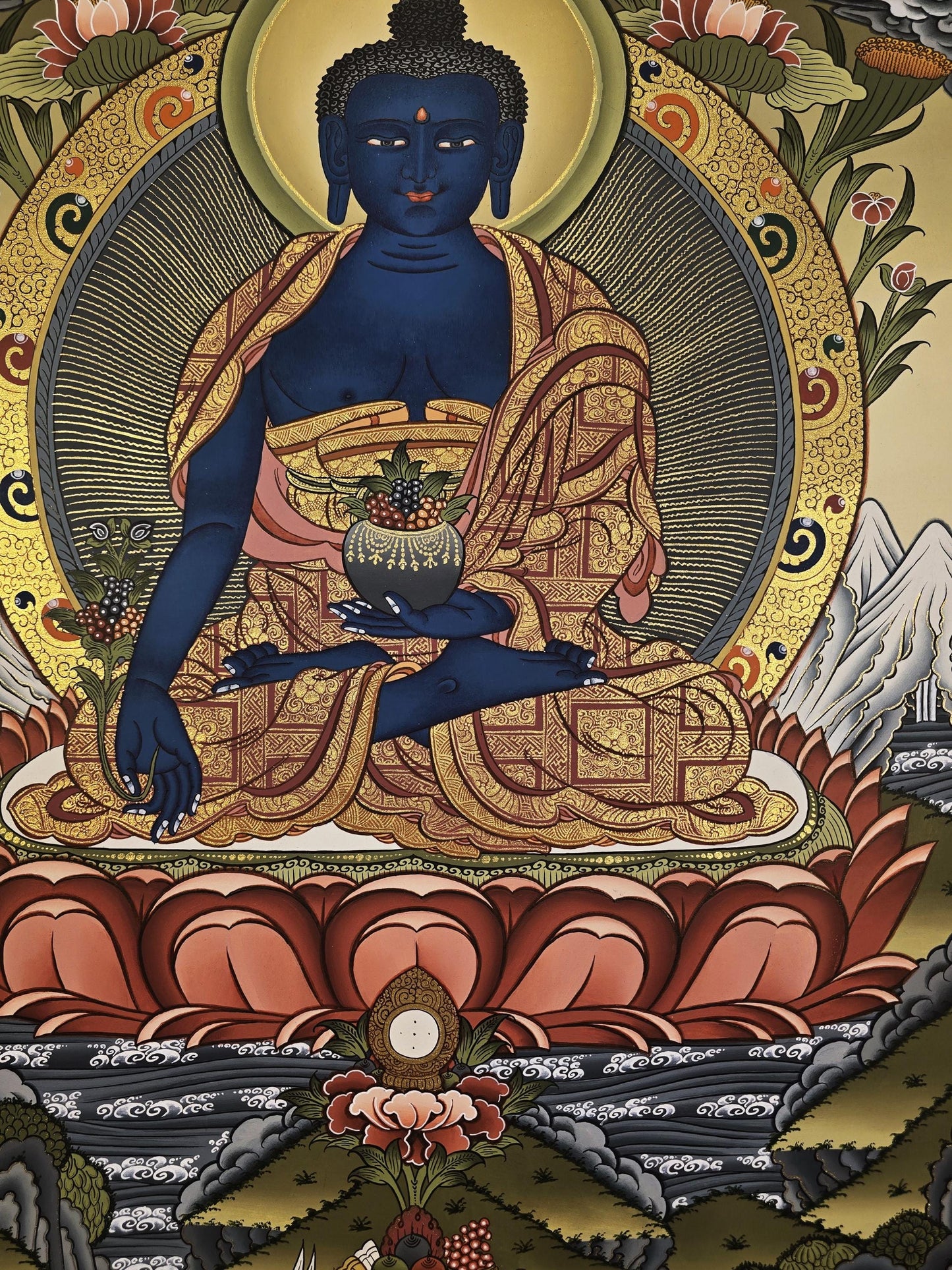 Medicine Buddha Gold Thangka Painting| Hand-Painted Tibetan Healing Art
