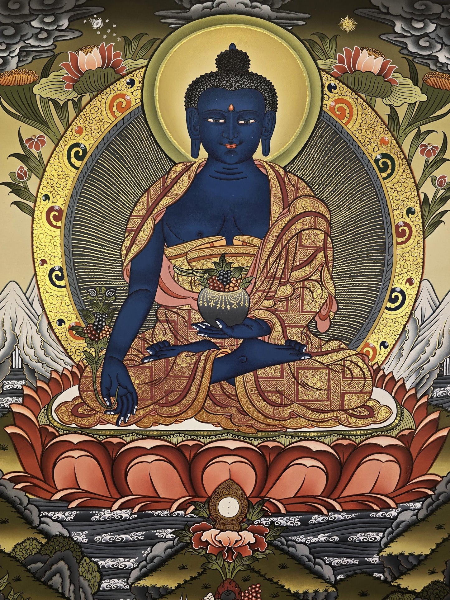 Medicine Buddha Gold Thangka Painting| Hand-Painted Tibetan Healing Art
