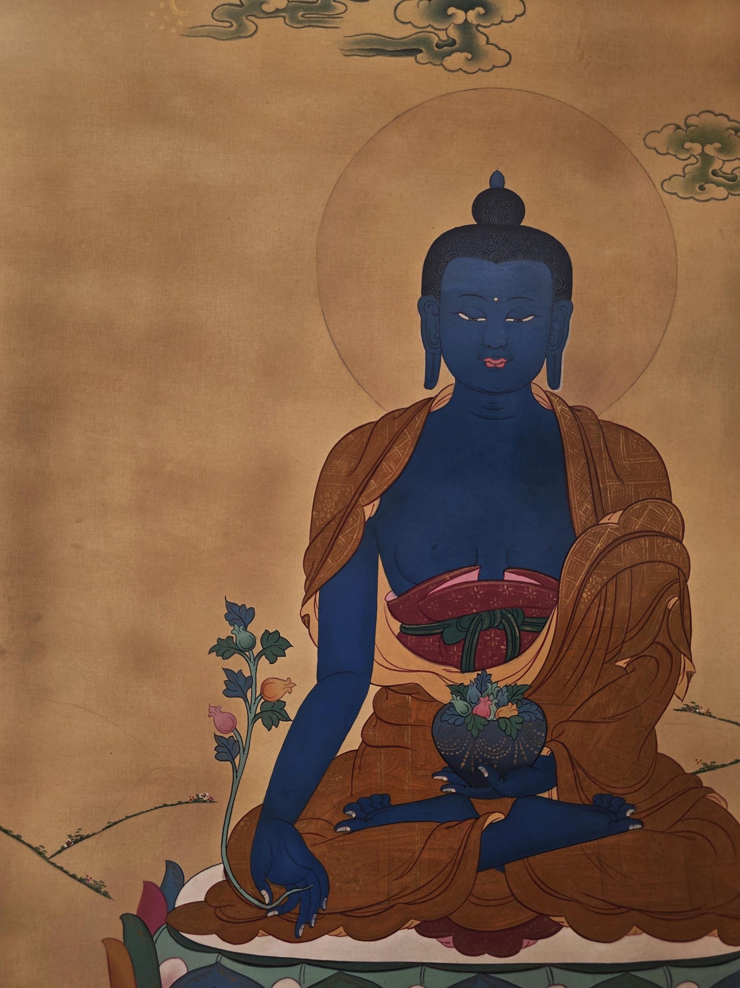 Medicine Buddha Thangka | Hand-Painted Smoky Tibetan Healing Art in Karma Gadri Style