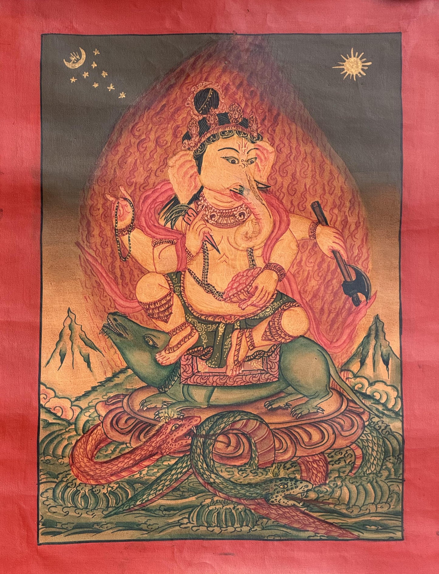 Hand-Painted Ganesha Newari Thangka | Ganapati Masterpiece with Silk Brocade | Oil Varnished  Art