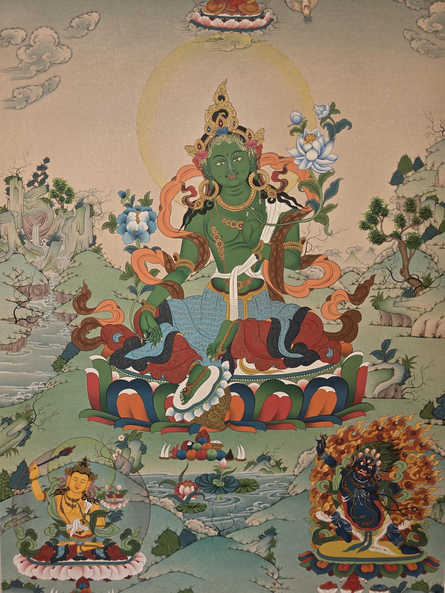 Green Tara Tibetan Thangka Painting in Karma Gadri Style - 24 Karat Gold