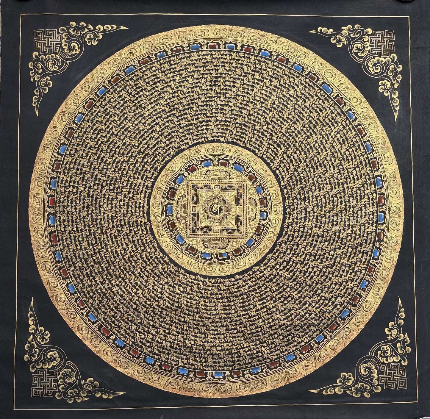 Large Om Mani Padme Hum Mandala Thangka | 1 Meter Hand-Painted Tibetan Mantra Wall Art
