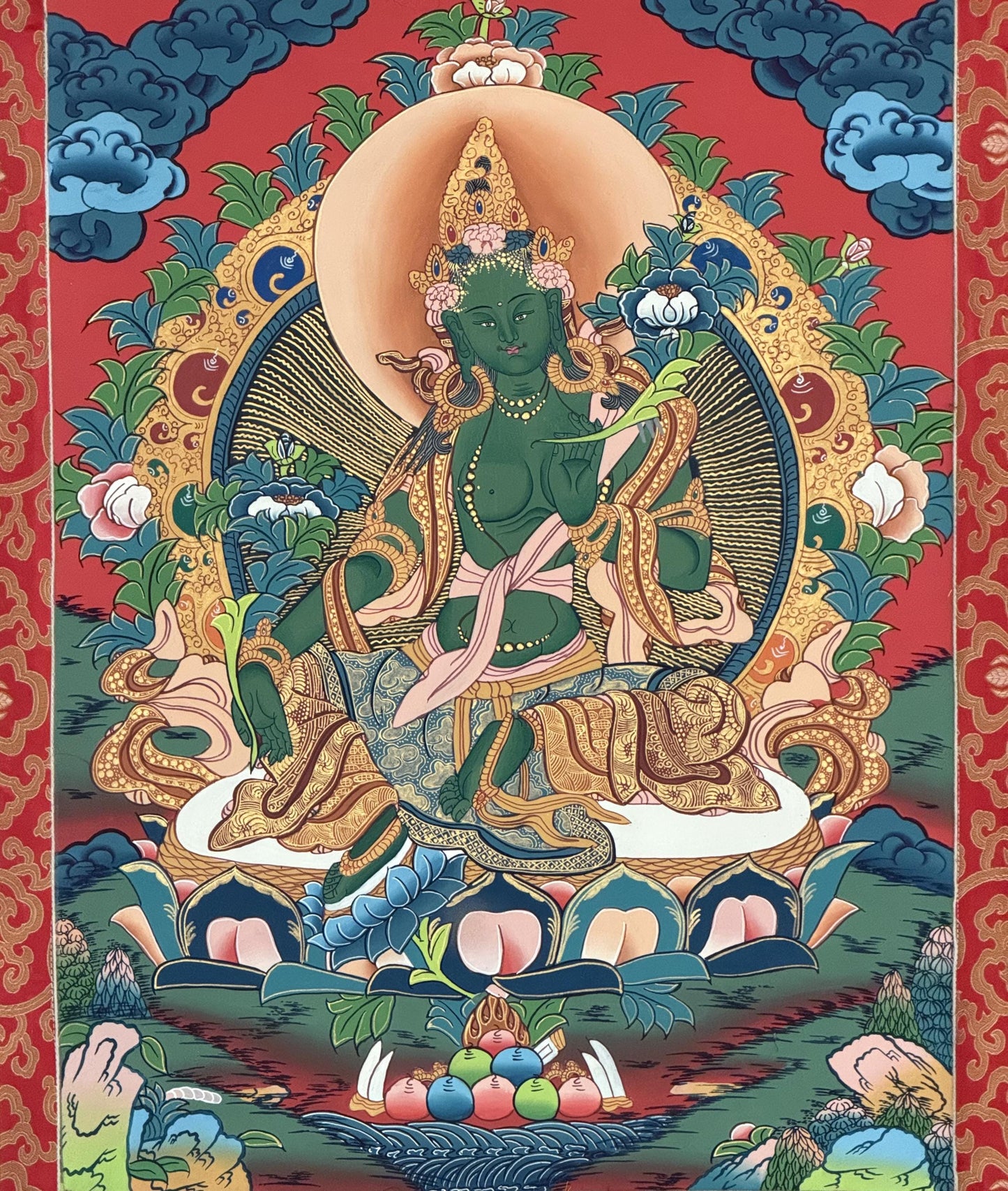Hand-Painted Green Tara Thangka Painting, Tibetan Compassion Art