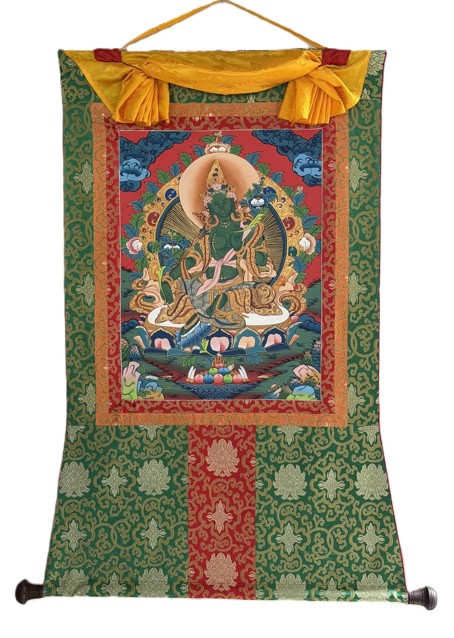 Hand-Painted Green Tara Thangka Painting, Tibetan Compassion Art