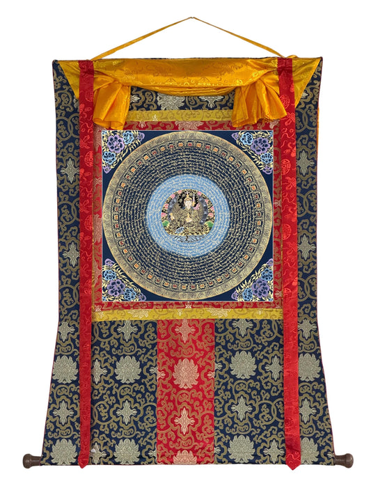 Hand-Painted Guru Padmasambhava Mantra Mandala – Black Gold Tibetan Thangka Silk Frame