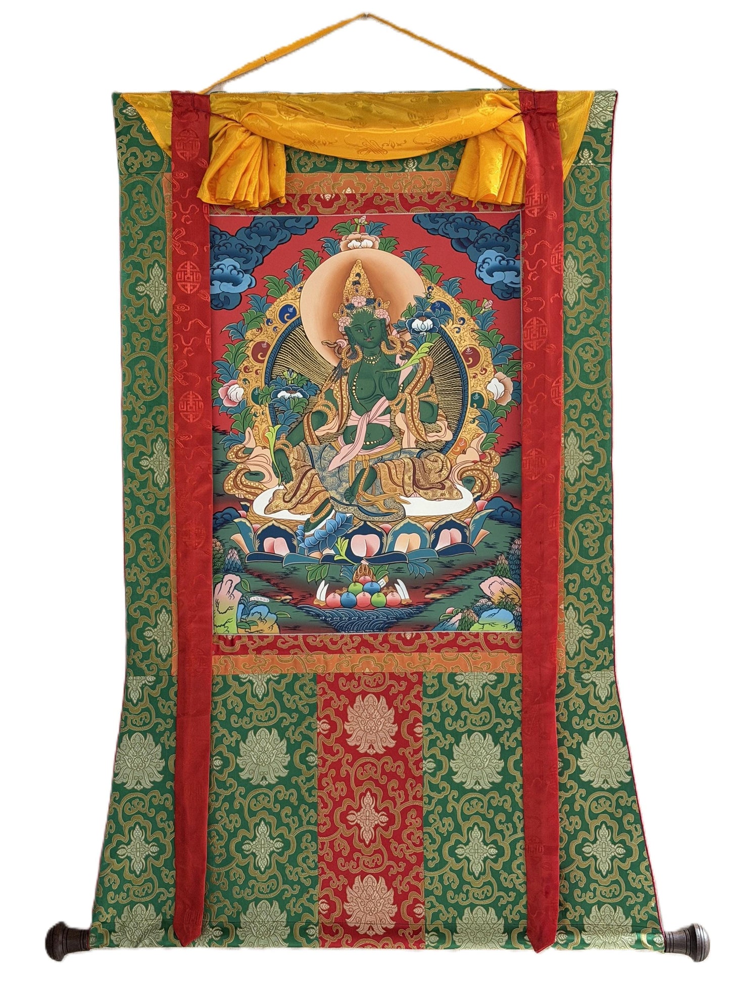 Hand-Painted Green Tara Thangka Painting, Tibetan Compassion Art