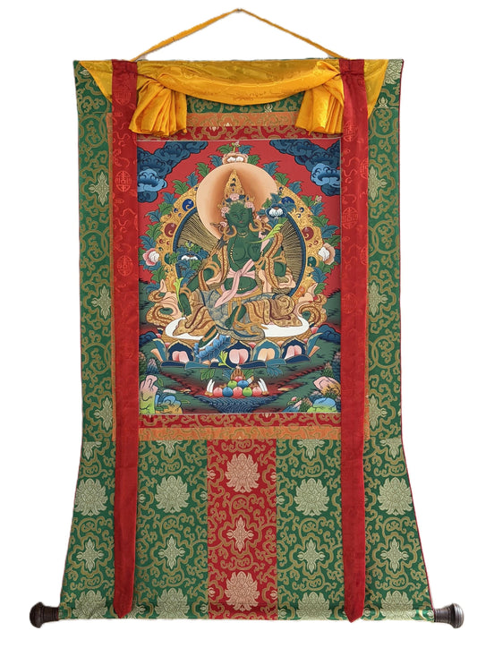Hand-Painted Green Tara Thangka Painting, Tibetan Compassion Art