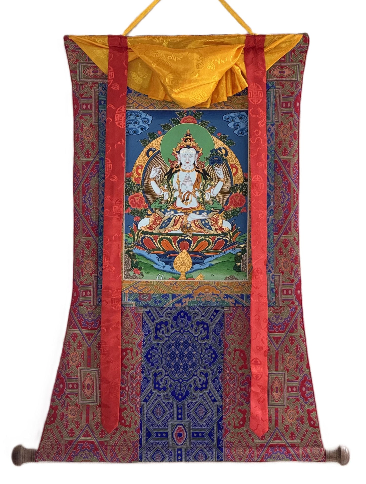 Hand-Painted Chenrezig Thangka | Avalokiteshvara Tibetan Compassion Art with Khadi Silk Brocade