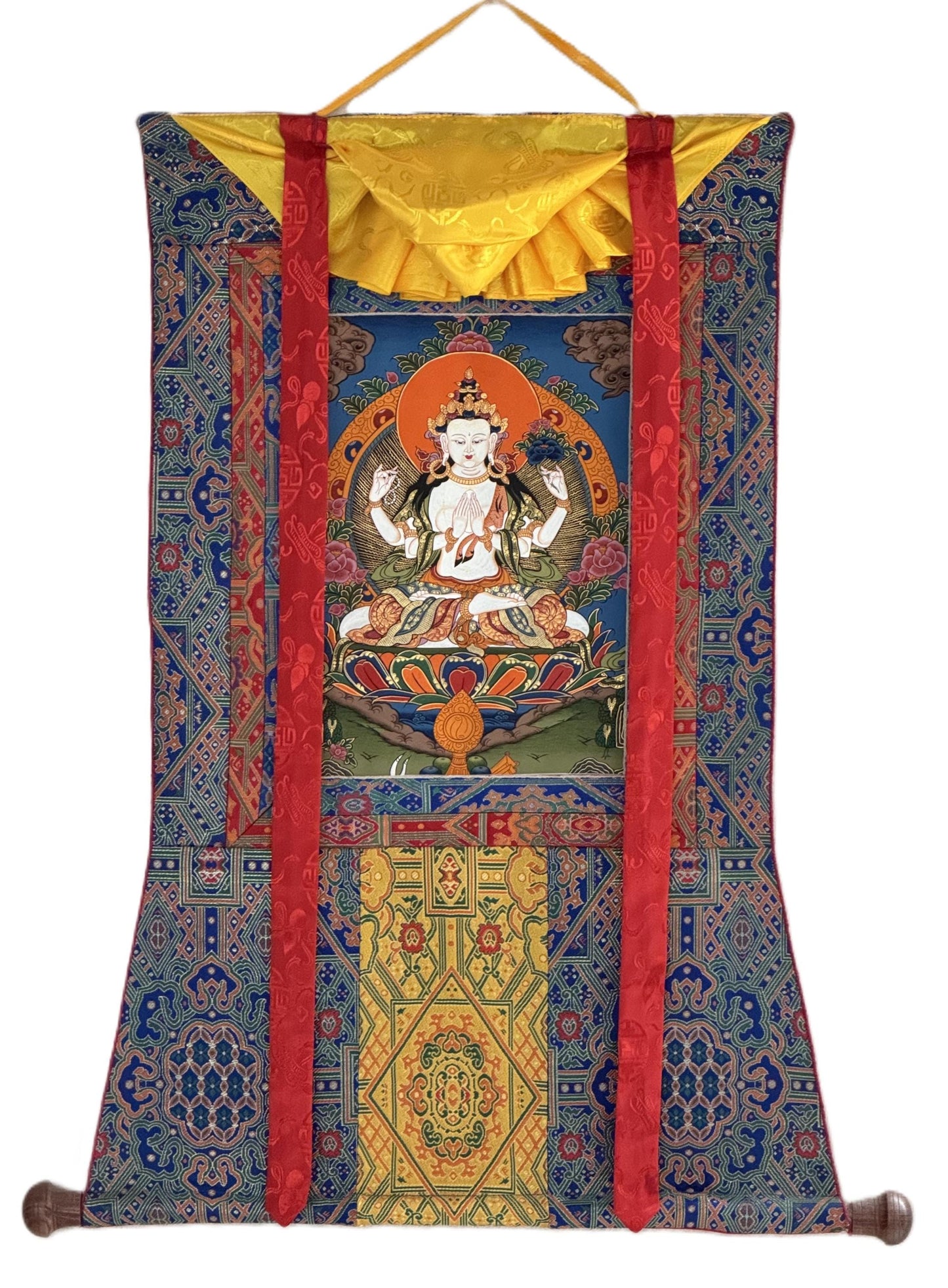 Hand-Painted Chenrezig Tibetan Thangka | Avalokiteshvara Compassion Art with Khadi Silk Brocade