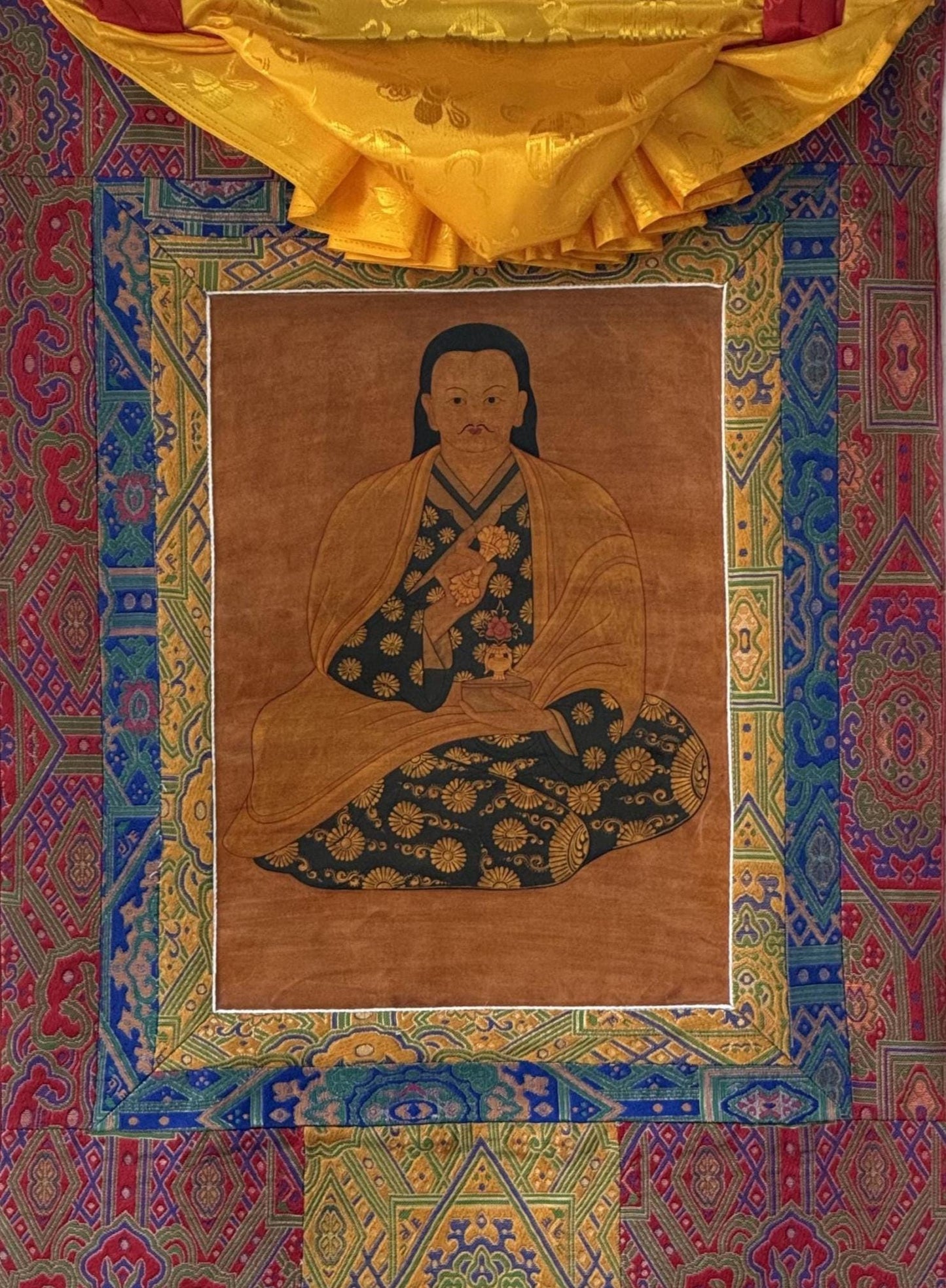Hand-Painted Mahaguruji Mei Ling Tibetan Thangka Paintinng with Silk Brocade