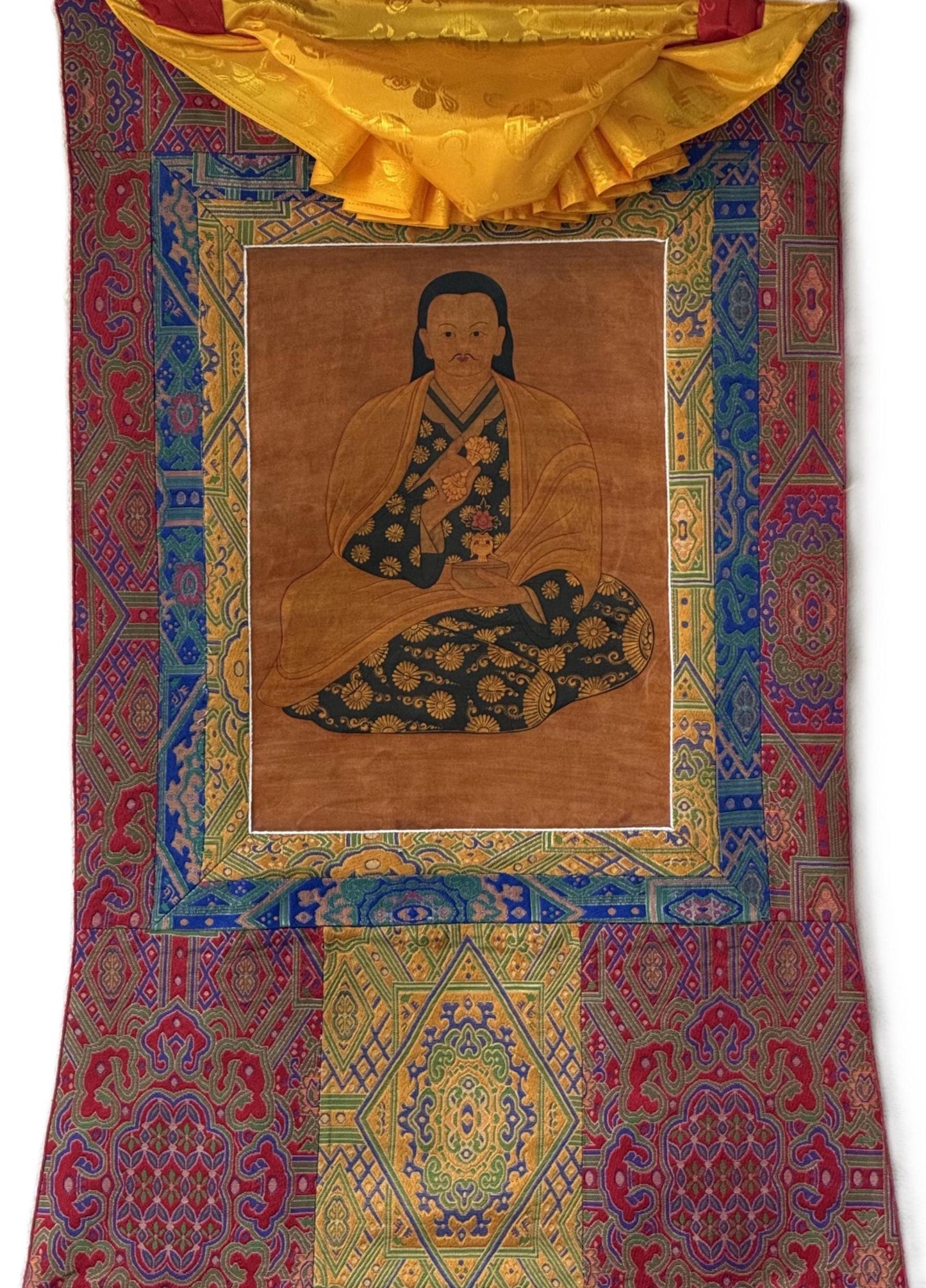 Hand-Painted Mahaguruji Mei Ling Tibetan Thangka Paintinng with Silk Brocade