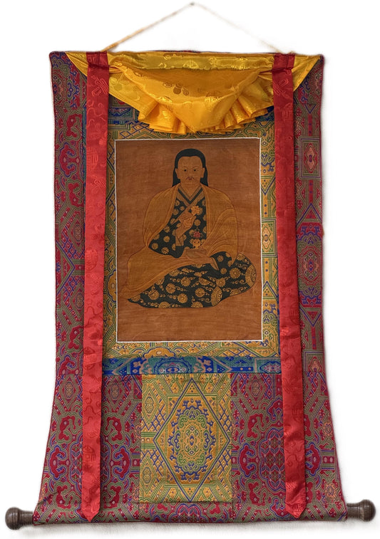 Hand-Painted Mahaguruji Mei Ling Tibetan Thangka Paintinng with Silk Brocade