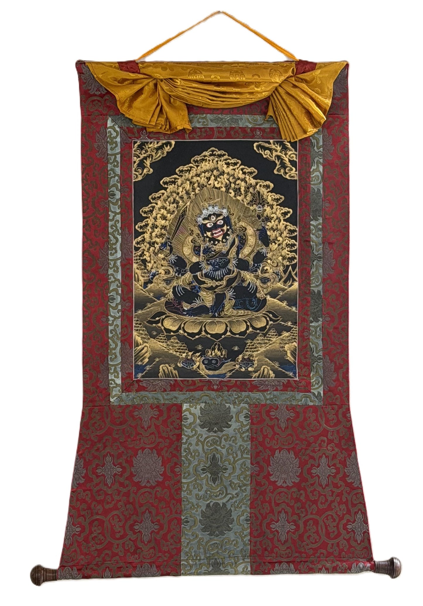 Hand-Painted Mahakala Thangka | Black & Gold Tibetan Buddhist Art