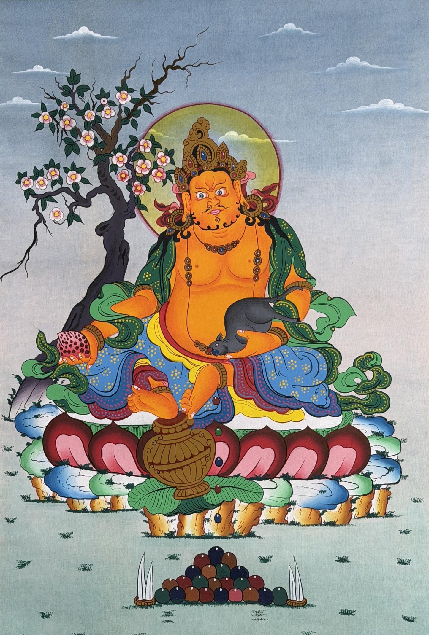 Yellow Dzambhala Thangka | Hand-Painted Kubera Jambhala Wealth Deity with Silk Brocade