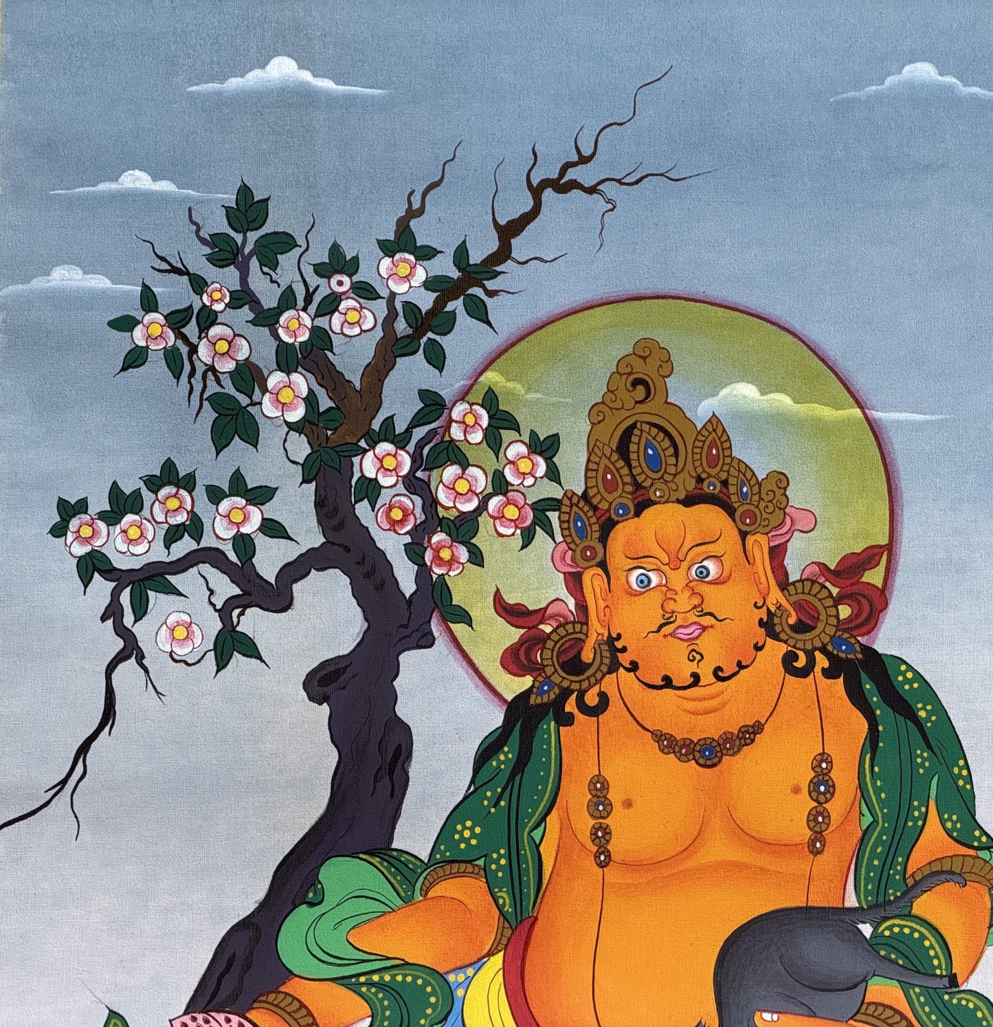 Yellow Dzambhala Thangka | Hand-Painted Kubera Jambhala Wealth Deity with Silk Brocade