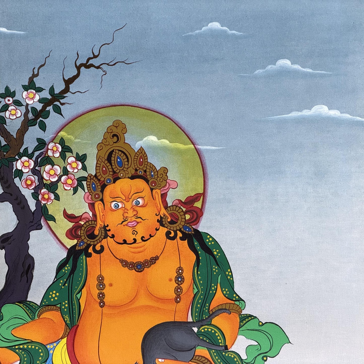 Yellow Dzambhala Thangka | Hand-Painted Kubera Jambhala Wealth Deity with Silk Brocade