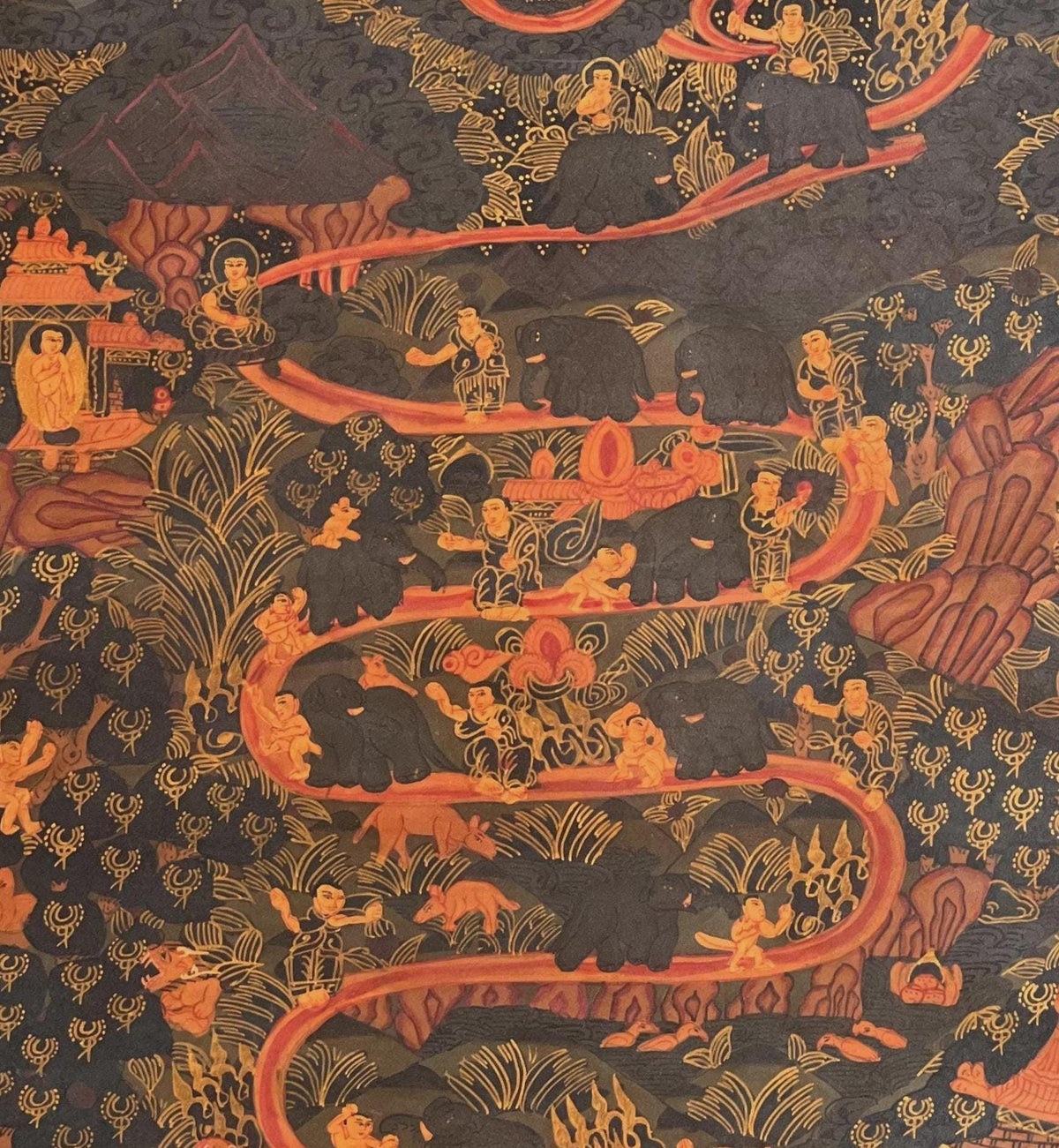 Hand-Painted Samatha Meditation Thangka | Nine Stage Elephant Path Meditation Art with Silk Brocade
