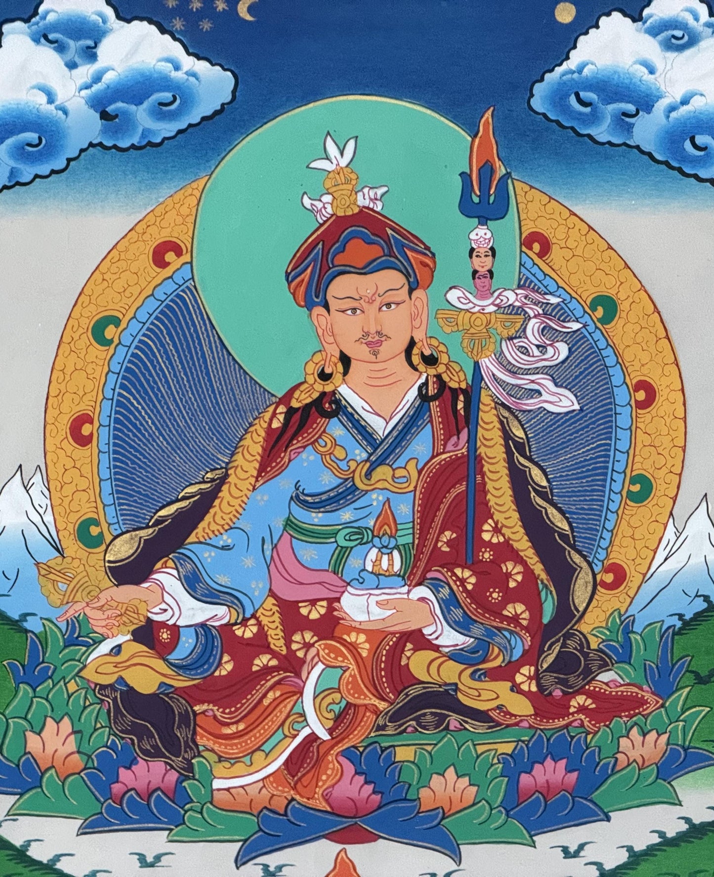 Hand-Painted Padmasambhava Guru Rinpoche Tibetan Thangka Painting with Silk Brocade - Master Quality Art