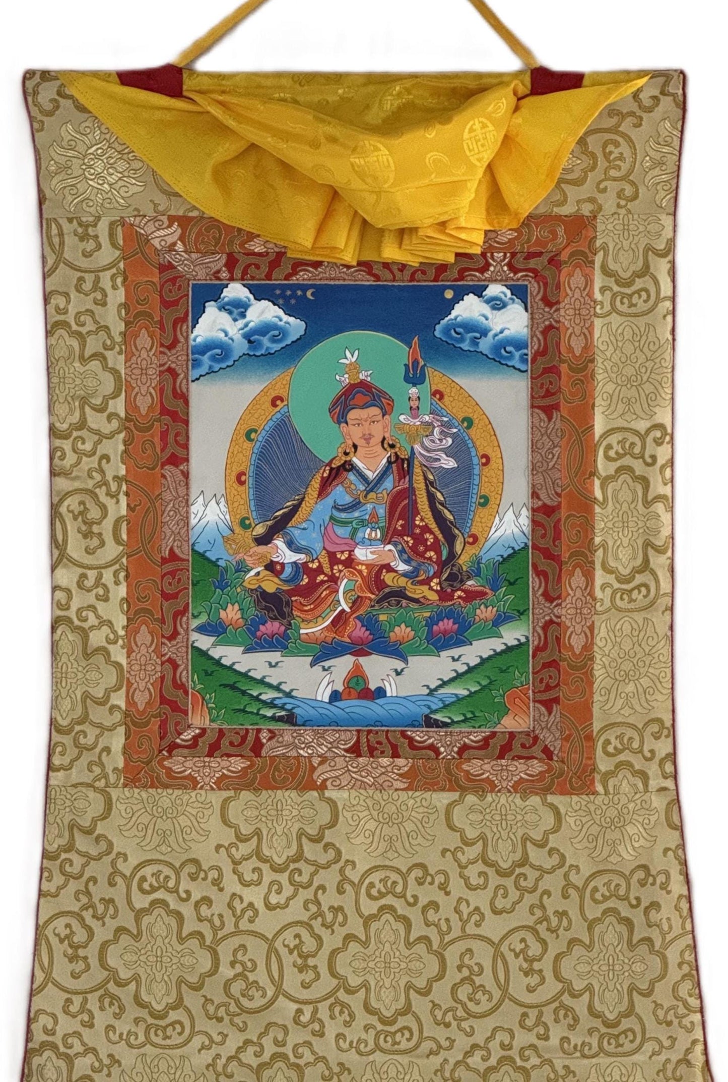 Hand-Painted Padmasambhava Guru Rinpoche Tibetan Thangka Painting with Silk Brocade - Master Quality Art