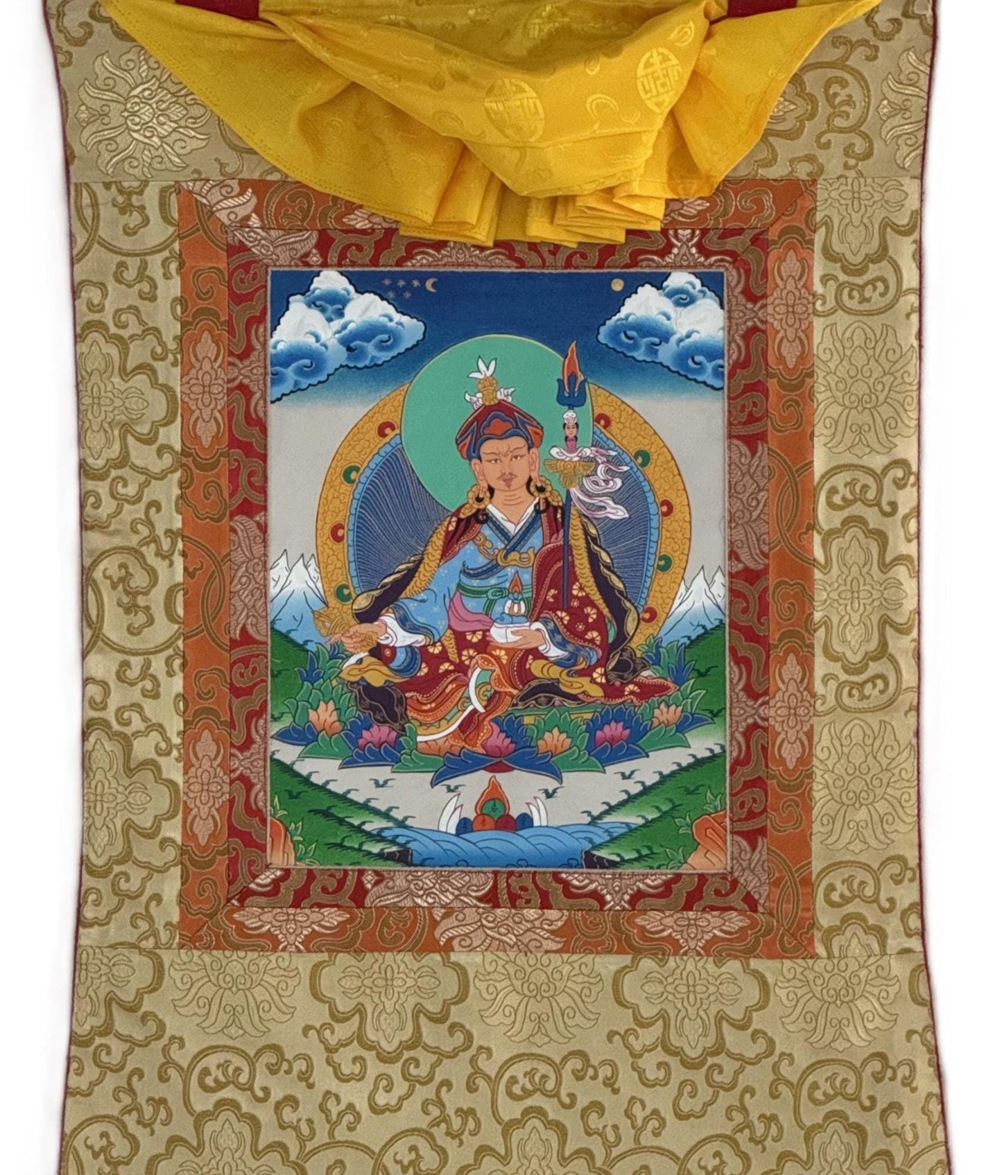 Hand-Painted Padmasambhava Guru Rinpoche Tibetan Thangka Painting with Silk Brocade - Master Quality Art