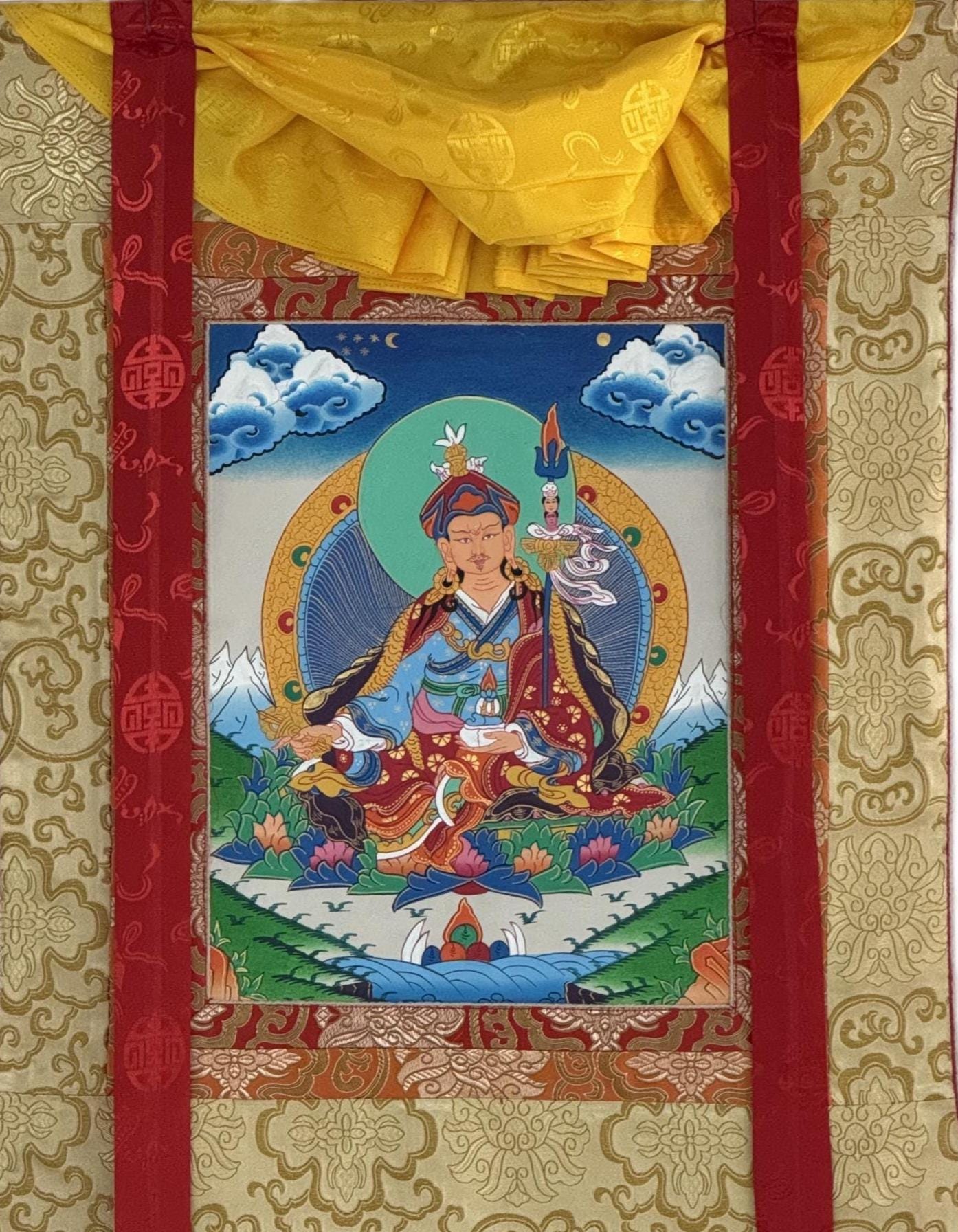 Hand-Painted Padmasambhava Guru Rinpoche Tibetan Thangka Painting with Silk Brocade - Master Quality Art