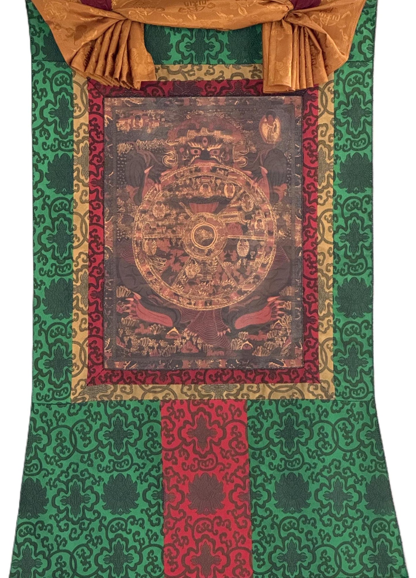Samsara Bhavachakra Wheel of Life Thangka | Oil-Varnished Tibetan Art with Silk Brocade