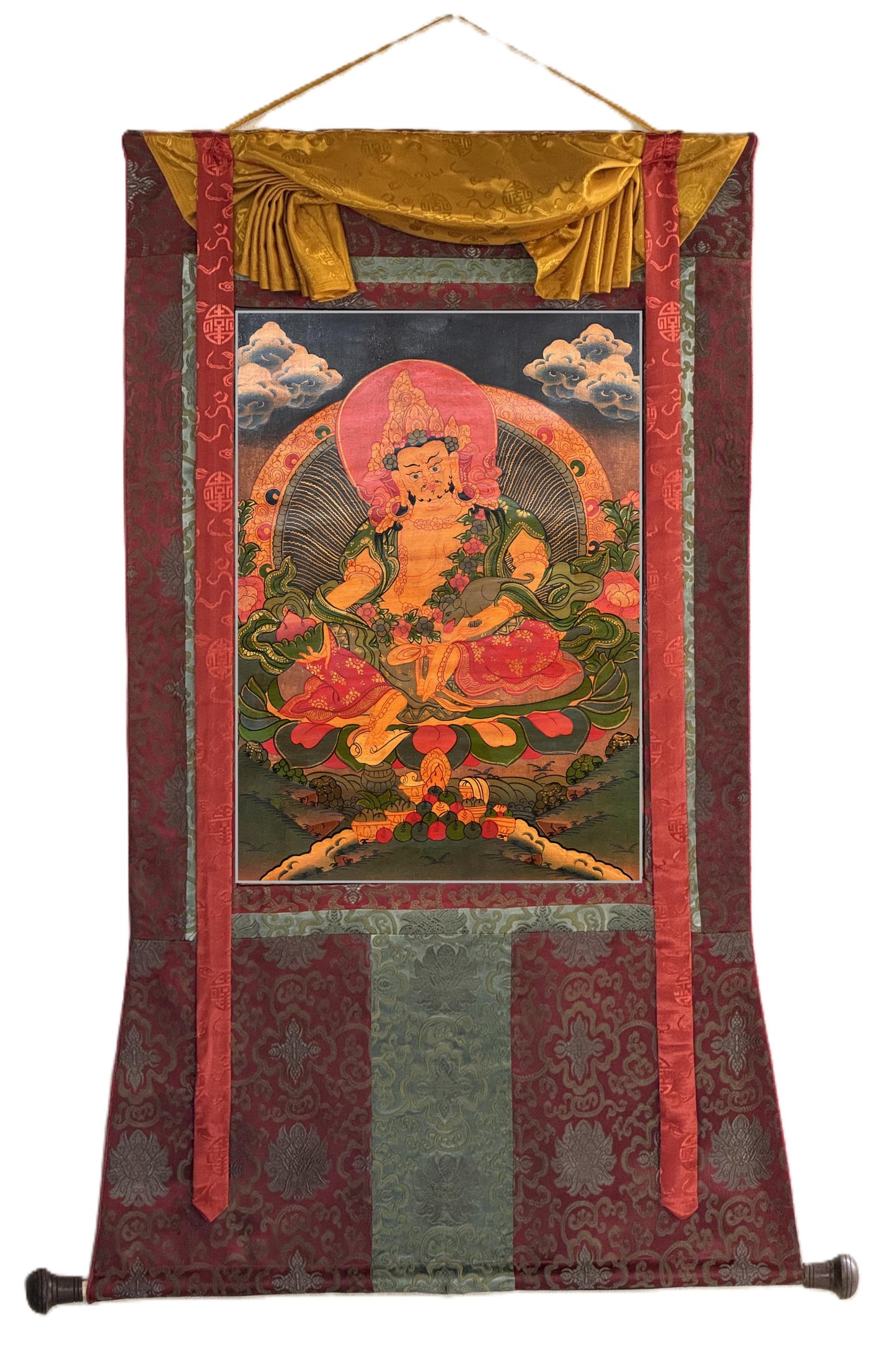 Hand-Painted Kubera Thangka – Jambhala, God of Wealth, Tibetan Art Oil Varnished with Silk Brocade