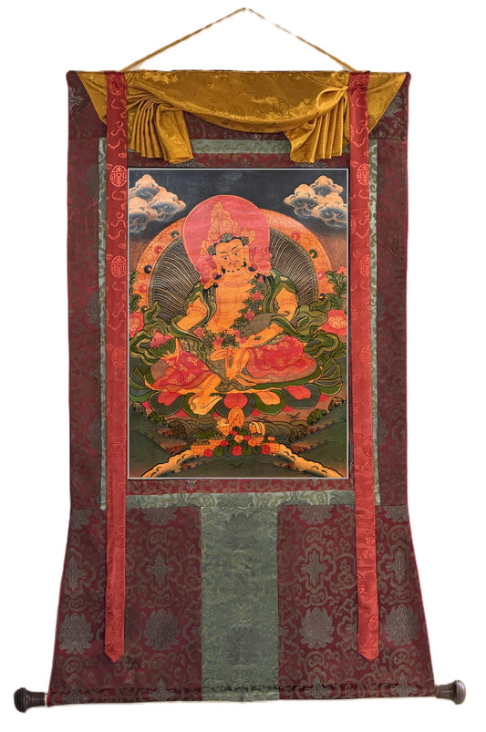 Hand-Painted Kubera Thangka – Jambhala, God of Wealth, Tibetan Art Oil Varnished with Silk Brocade