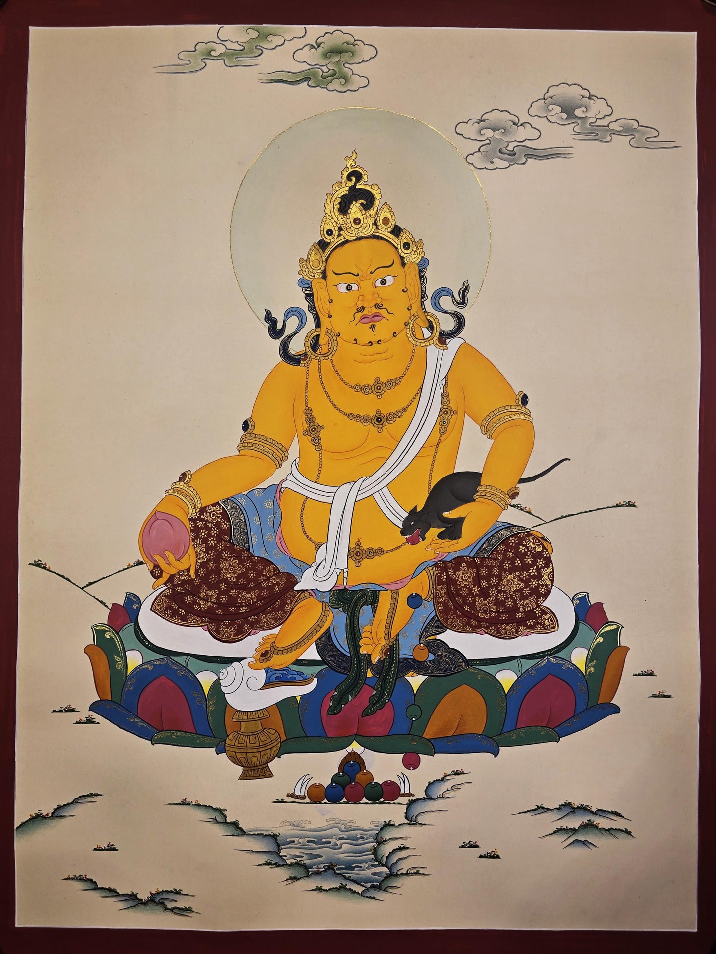 Hand Painted Kubera Jambhala Thangka, God of Wealth, Karma Gadri Style Tibetan Art