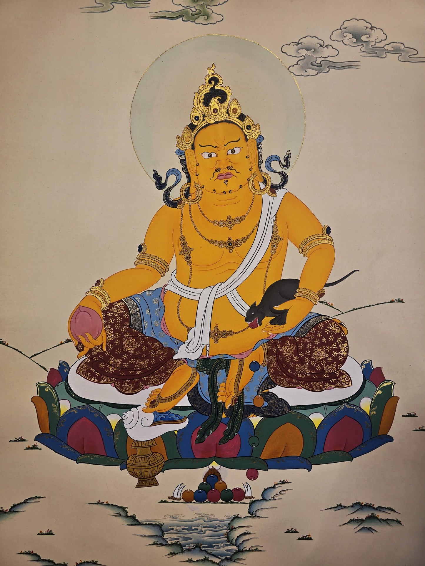 Hand Painted Kubera Jambhala Thangka, God of Wealth, Karma Gadri Style Tibetan Art