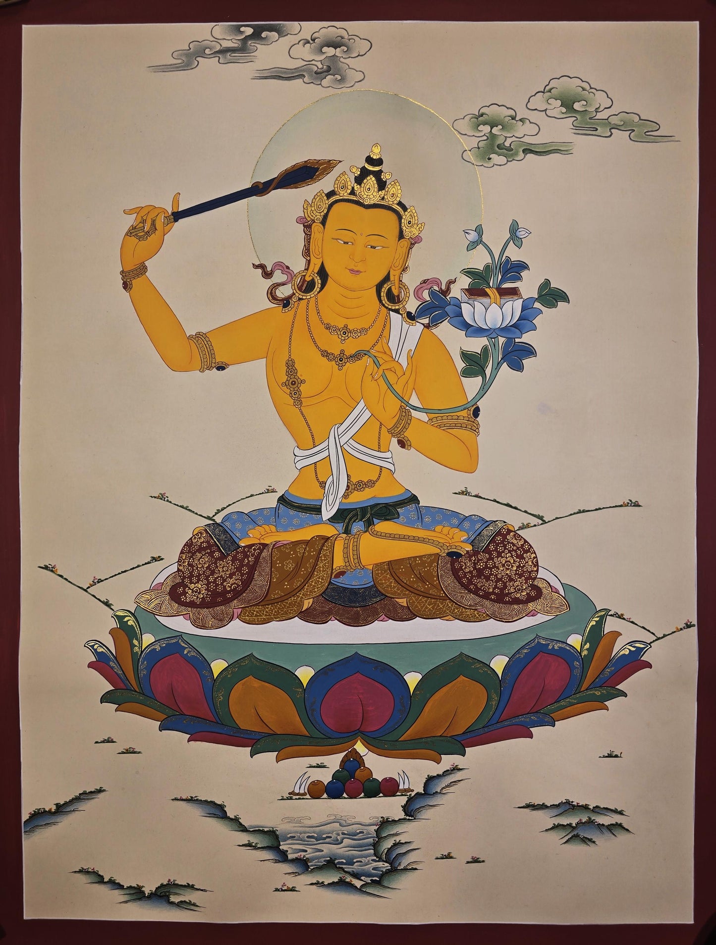 Hand-Painted Manjushri Thangka | Bodhisattva of Wisdom | Karma Gadri Style Tibetan Art