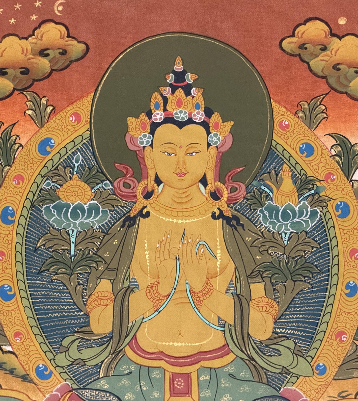 Maitreya Buddha Thangka | Hand-Painted Future Buddha Tibetan Art with Silk Brocade